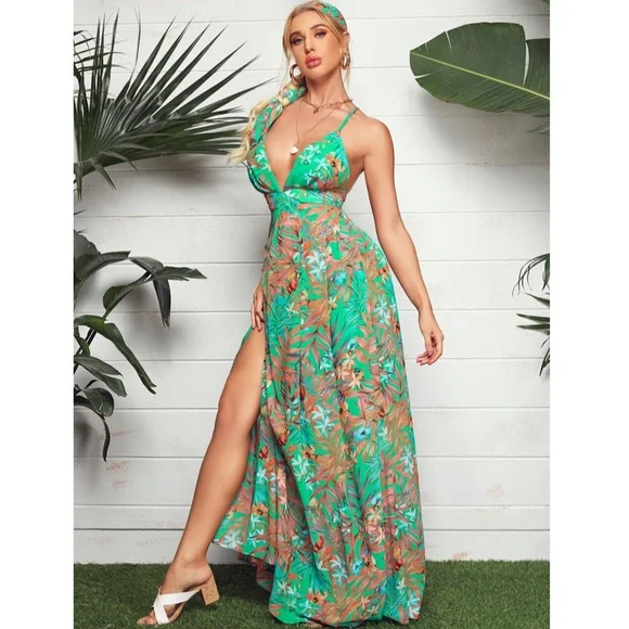 Tropical Print Maxi Dress Green Cut Out Open Back - Picture 5 of 6